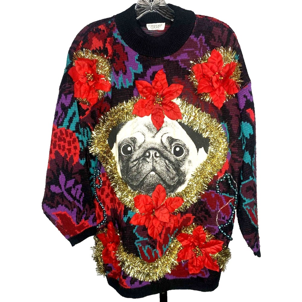 Vintage 80s‎ Ugly Christmas sweater handmade pug tinsel 90s colorful floral